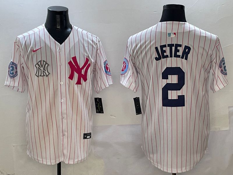 Men New York Yankees #2 Jeter White Stripe Jointly Name Nike 2025 MLB Jersey style 8->new york yankees->MLB Jersey